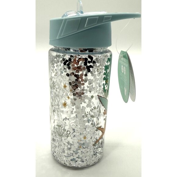 Disney Tinker Bell Glitter Water Bottle With Flip Straw Lid 16 Oz BPA-Free Plast - Picture 2 of 4